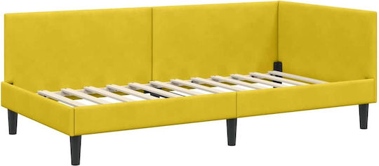 Pat Single Tapitat cu Catifea Galbenă cu Plăci și Saltea 80x200cm