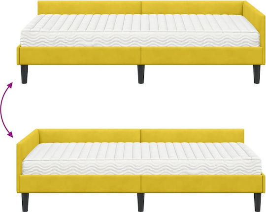 Pat Single Tapitat cu Catifea Galbenă cu Plăci și Saltea 100x200cm