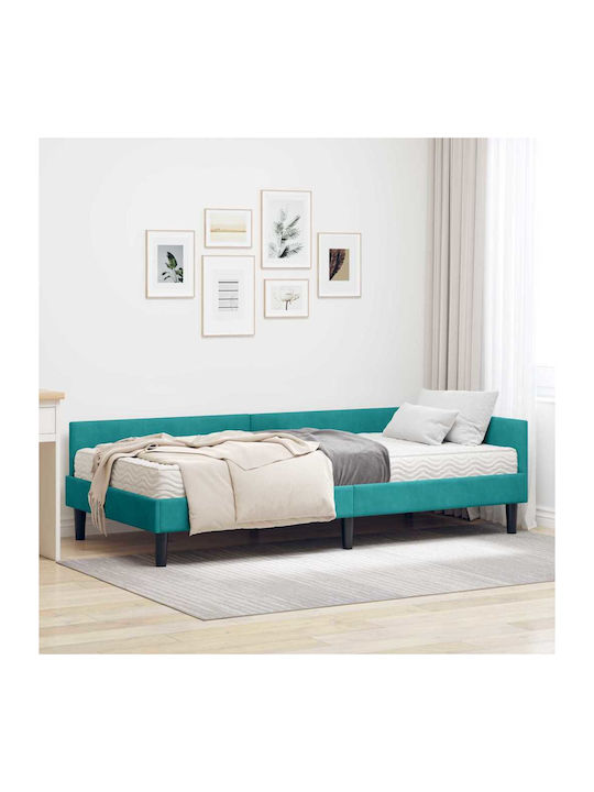 Pat Single Tapitat Cu Catifea Turcoaz Cu Plăci Și Saltea 94x190cm