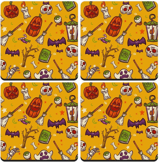 Koupakoupa Wooden Yellow Coasters Happy Halloween 4pcs