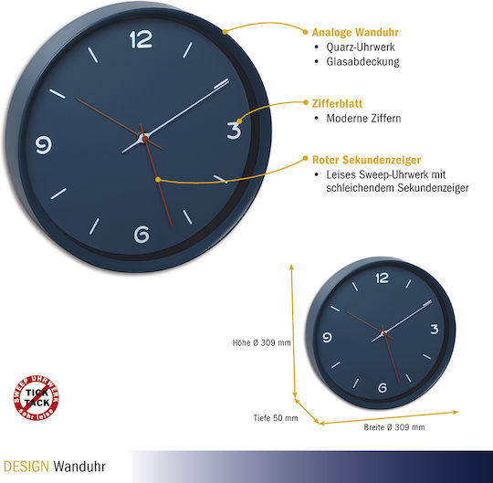 TFA Wanduhr Kunststoff Petrol Ø30.9cm