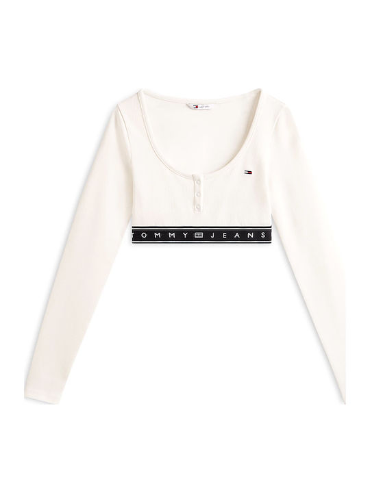 Women's Crop Top Cotton Long Sleeve Ecru-black