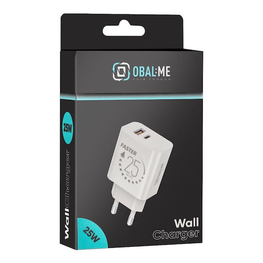Obal:Me Зарядно без кабел с USB-A порт и USB-C порт 25W Quick Charge 3.0 Бял (OM25WCA)
