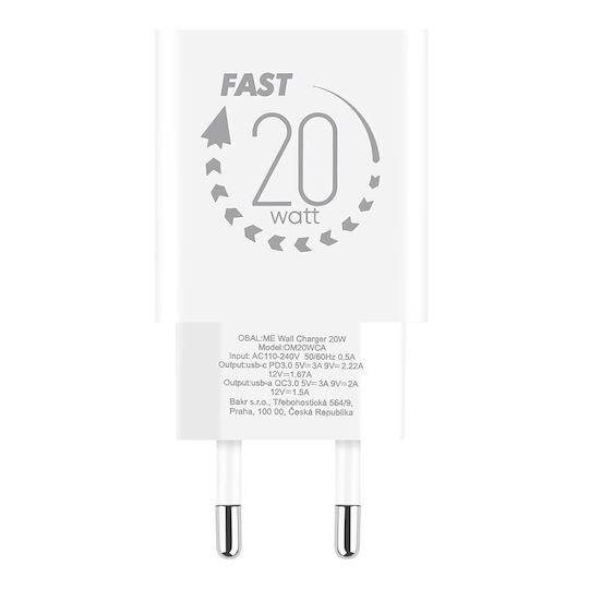 Obal:Me Charger Without Cable with USB-A Port and USB-C Port 20W Quick Charge 3.0 Whites (OM20WCA)