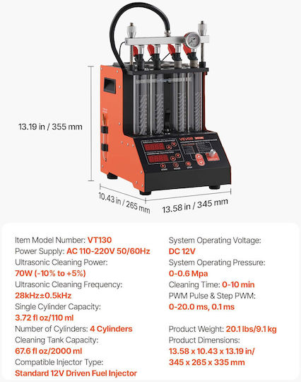 Fuel Injector Cleaning Device Vevor 9 Test Functions Ultrasonic Cleaning Machine 4-Cylinder 28khz Car Injector Cleaning Machine Drain Valve Operating Voltage 12v Car Motorcycle