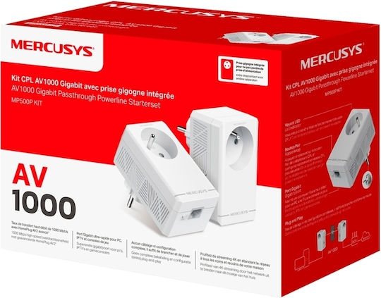 Mercusys MP500P Kit v1 Powerline Dublu pentru Conexiune prin Cablu cu Prin trecere Prize și Port Gigabit Ethernet