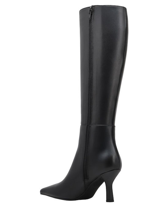 Leder Damenstiefel mit mittlerem Absatz Schwarz