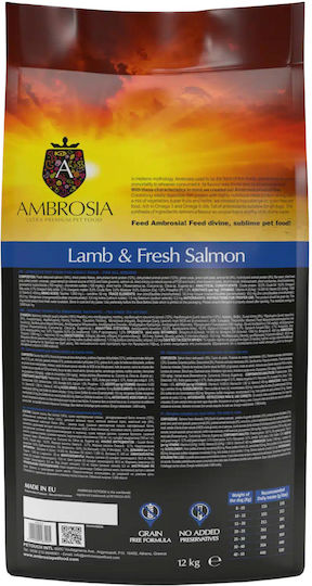 Ambrosia Lamb & Fresh Salmon Adult All Breeds 12kg Dry Food Grain-Free for Adult Dogs with Lamb and Salmon