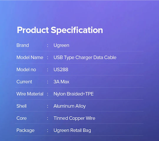 Ugreen Us288 Braided USB 2.0 Cable USB-C male - USB-A 15W Μαύρο 1.5m 60127
