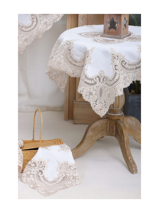 Liolios Home Tablecloth Linen with Embroidery Set 3pcs Pls-7b027 Lt Coffee