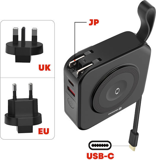 Swissten MagSafe Power Bank 10000mAh 15W с USB-A порт и USB-C порт Черен