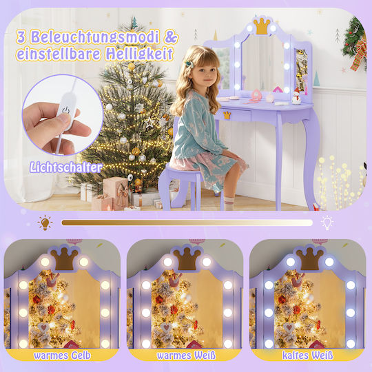 Costway Kids Cosmetic Table Lighting Triple Folding Mirror Purple Hy10338de-zs