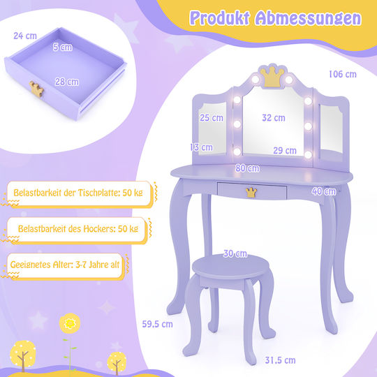 Costway Kids Cosmetic Table Lighting Triple Folding Mirror Purple Hy10338de-zs