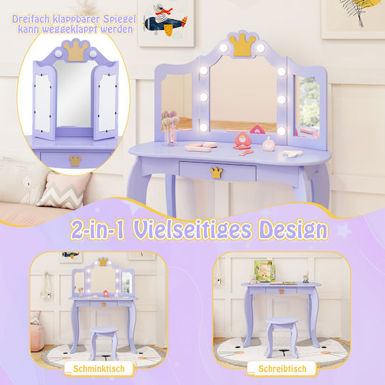 Costway Kids Cosmetic Table Lighting Triple Folding Mirror Purple Hy10338de-zs