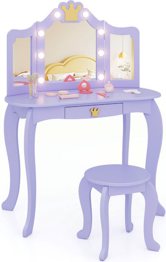 Costway Kids Cosmetic Table Lighting Triple Folding Mirror Purple Hy10338de-zs