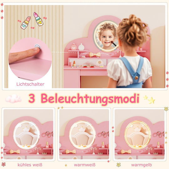 Costway Makeup Table Set Girls Lighting & Mirror Pink Princess Table Chair 2 Drawers Tp10446pi