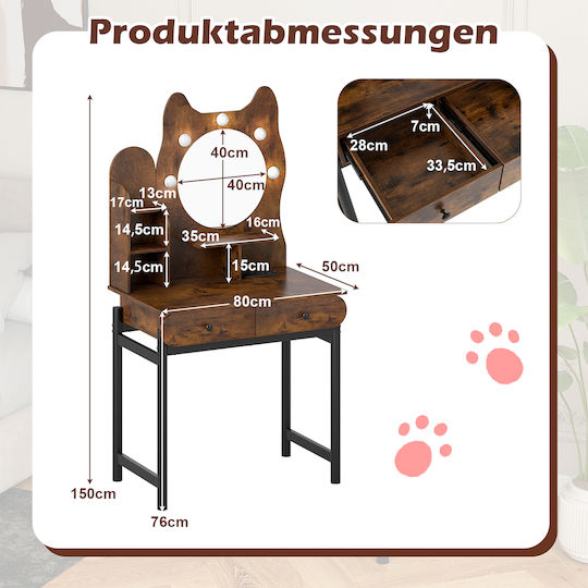 Costway Cat Shaped Vanity Mirror Lighting Drawers Brown 150 X 80 X 50 Cm Hu11190de-cf