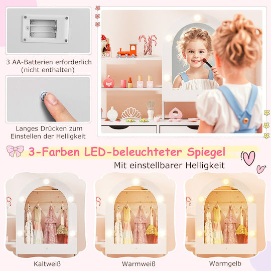 Costway Kids Makeup Table Chair Set Mirror Adjustable 3 Color Lighting White Tp10448wh