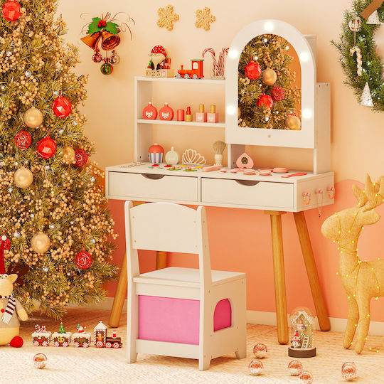 Costway Kids Makeup Table Chair Set Mirror Adjustable 3 Color Lighting White Tp10448wh