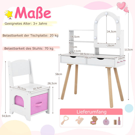 Costway Kids Makeup Table Chair Set Mirror Adjustable 3 Color Lighting White Tp10448wh
