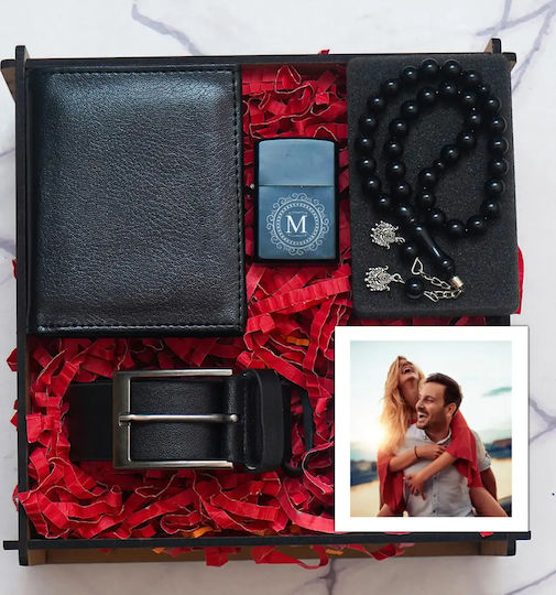Gift Box Valentine’s Day Man Wooden Box Wallet Belt Lighter & Komboloi Code 15048