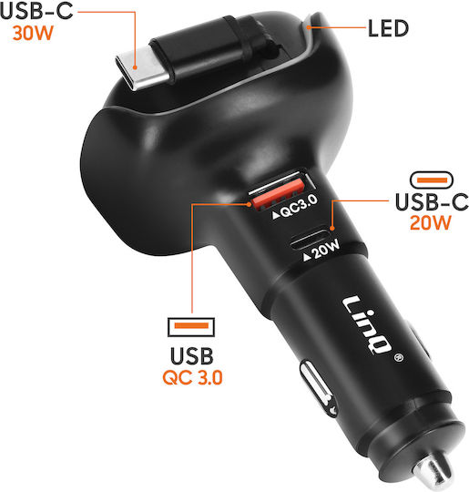 Linq 20w Usb-c Usb Qc 3 Car Charger0 Led Ring Type-c Cable 30w Black
