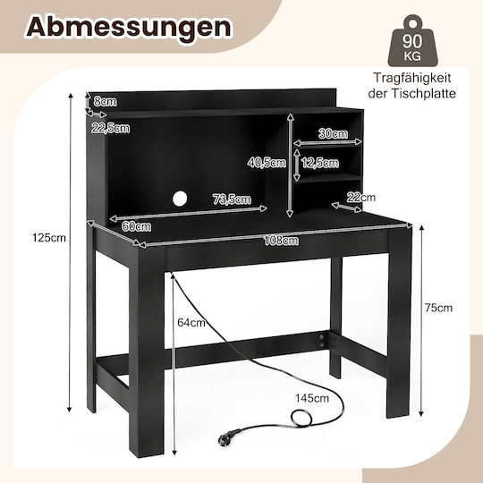 Desk Wooden Black with USB ports 108x60x125cm