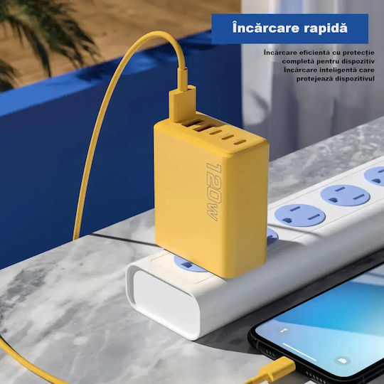 Încărcător Wireless (Qi Pad) cu 3 Porturi USB-A și 3 Porturi USB-C 120W Livrarea energiei / Quick Charge 3.0 Galbenς