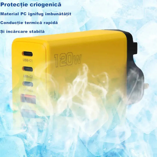 Încărcător Wireless (Qi Pad) cu 3 Porturi USB-A și 3 Porturi USB-C 120W Livrarea energiei / Quick Charge 3.0 Galbenς
