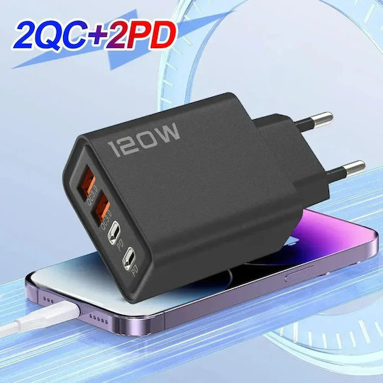 Încărcător Fără Cablu cu 2 Porturi USB-A și 2 Porturi USB-C 120W Livrarea energiei / Quick Charge 3.0 Negruς