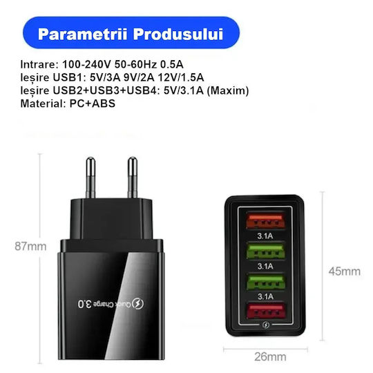 Încărcător Fără Cablu cu 4 Porturi USB-A 20W Livrarea energiei / Quick Charge 3.0 Negruς
