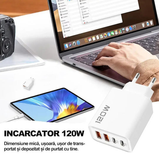 Încărcător Fără Cablu cu 2 Porturi USB-A și 2 Porturi USB-C 120W Livrarea energiei / Quick Charge 3.0 Albς