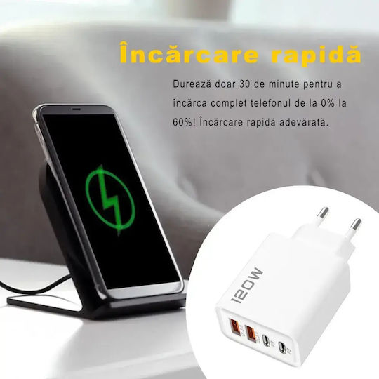 Încărcător Fără Cablu cu 2 Porturi USB-A și 2 Porturi USB-C 120W Livrarea energiei / Quick Charge 3.0 Albς