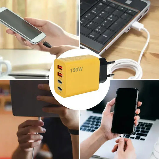 Încărcător Fără Cablu cu 2 Porturi USB-A și 2 Porturi USB-C 120W Livrarea energiei / Quick Charge 3.0 Galbenς
