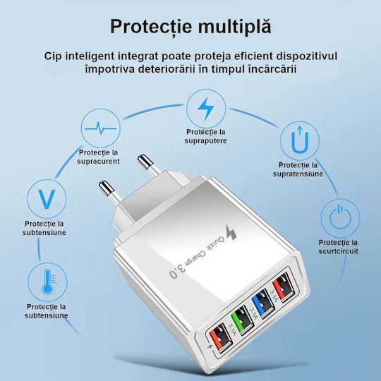 Încărcător Fără Cablu cu 4 Porturi USB-A 20W Livrarea energiei / Quick Charge 3.0 Albς