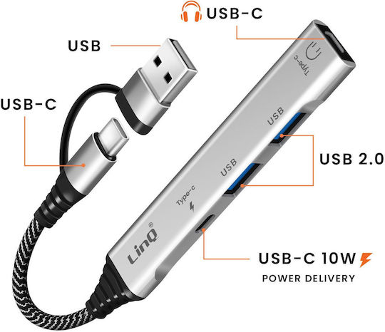 Linq 4-in-1 USB-C Hub 2x USB 2.0 2x USB-C Audio Synchronization Gray