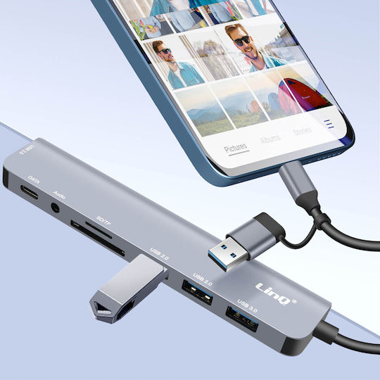 Linq USB Hub Support OTG 5 Gbps SD TF Card Reader Audio Jack 3.5mm Gray