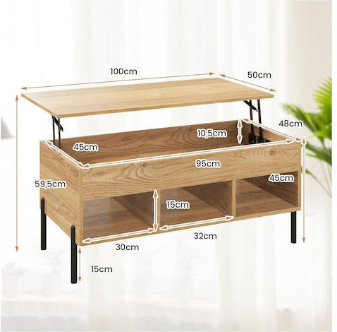 Rectangular Central Metal Coffee Table with Lifting Mechanism Natural Colour M100xW50xH45cm