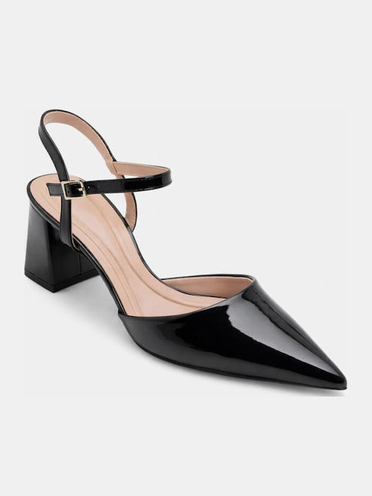 Synthetic Leather Pointed Toe Black Medium Heels with Strap