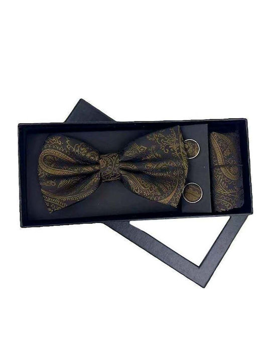 Elegant 3-piece Set Men Bow Tie Cufflinks Fabric Pocket Square Dark Green-gold