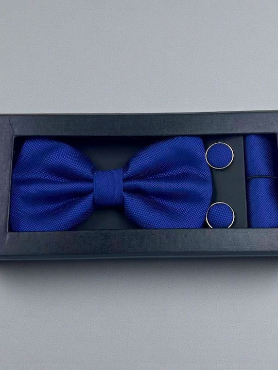 Elegant 3-Piece Set Men Bow Tie Cufflinks Fabric Handkerchief Blue