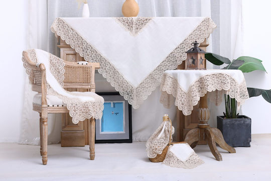 Liolios Home Tablecloth with Embroidery Set 3pcs Qz1600053 Cappuccino