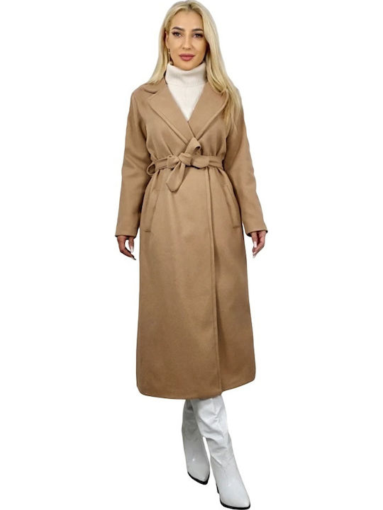 Wolle Damen Beige Mantel mit Fellbesatz