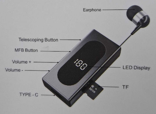 K100 In-ear Bluetooth Handsfree Ακουστικό Πέτου Μαύρο
