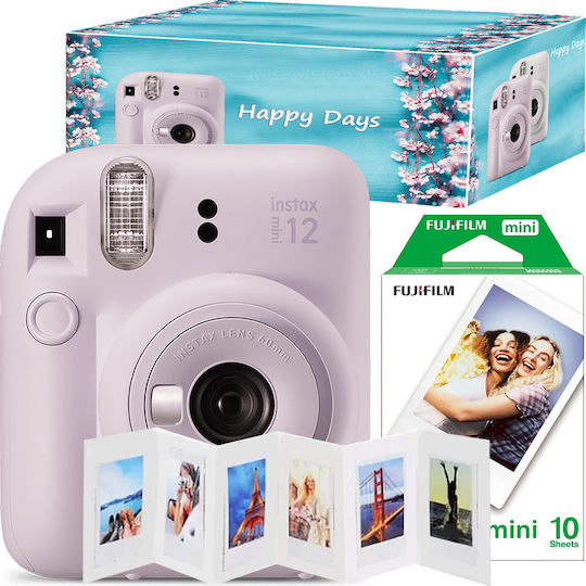 Fujifilm Instax Mini 12 Instant Φωτογραφική Μηχανή + 10 Φιλμ, Πλαίσιο Ακορντεόν & Κουτί Happy Days Lilac Purple