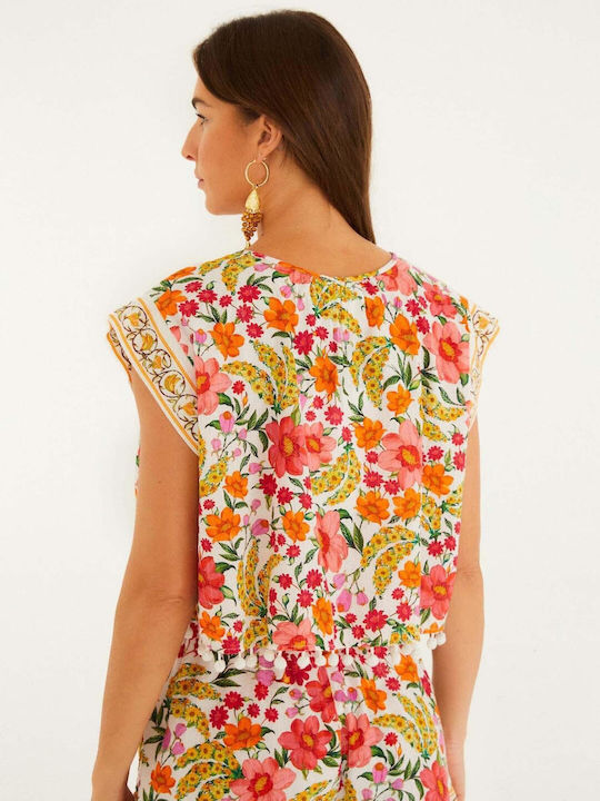Women's Blouse Short Sleeve Floral Off-white