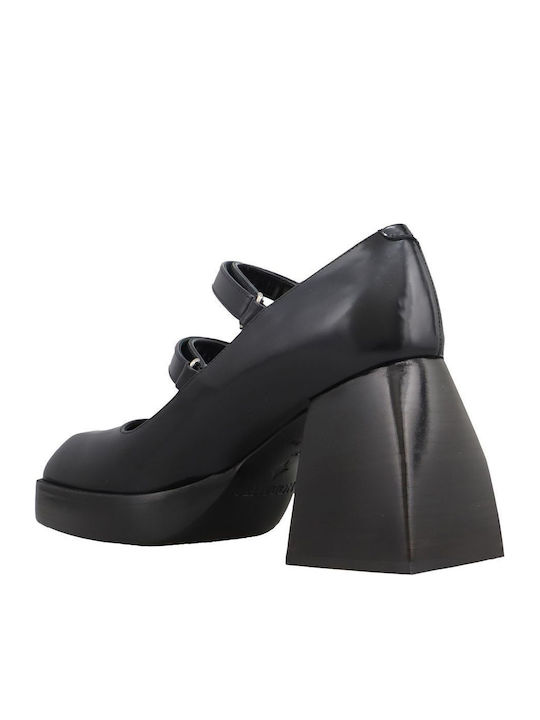 Leder Pumps mit Chunky hohem Absatz Schwarz