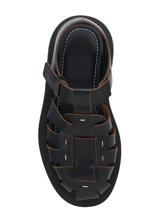 Leather Women's Flat Sandals in Black Color