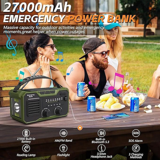 Crank Portable Radio Rechargeable with Bluetooth and USB Green