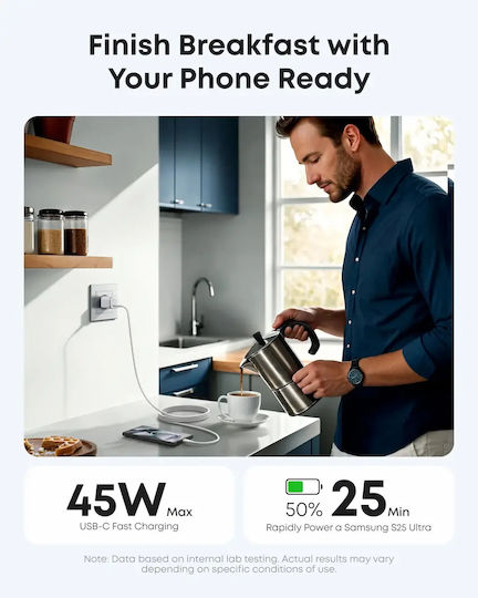 Anker Φορτιστής Χωρίς Καλώδιο GaN με Θύρα USB-C 45W Power Delivery Λευκός (Nano)